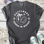 Grey graphic t-shirt featuring 'Happiness Comes in Waves' with beach motif, made from soft cotton material.