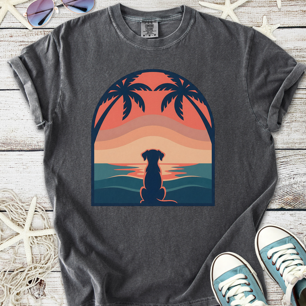 Graphite gray T-shirt featuring a dog silhouette against a sunset with palm trees.