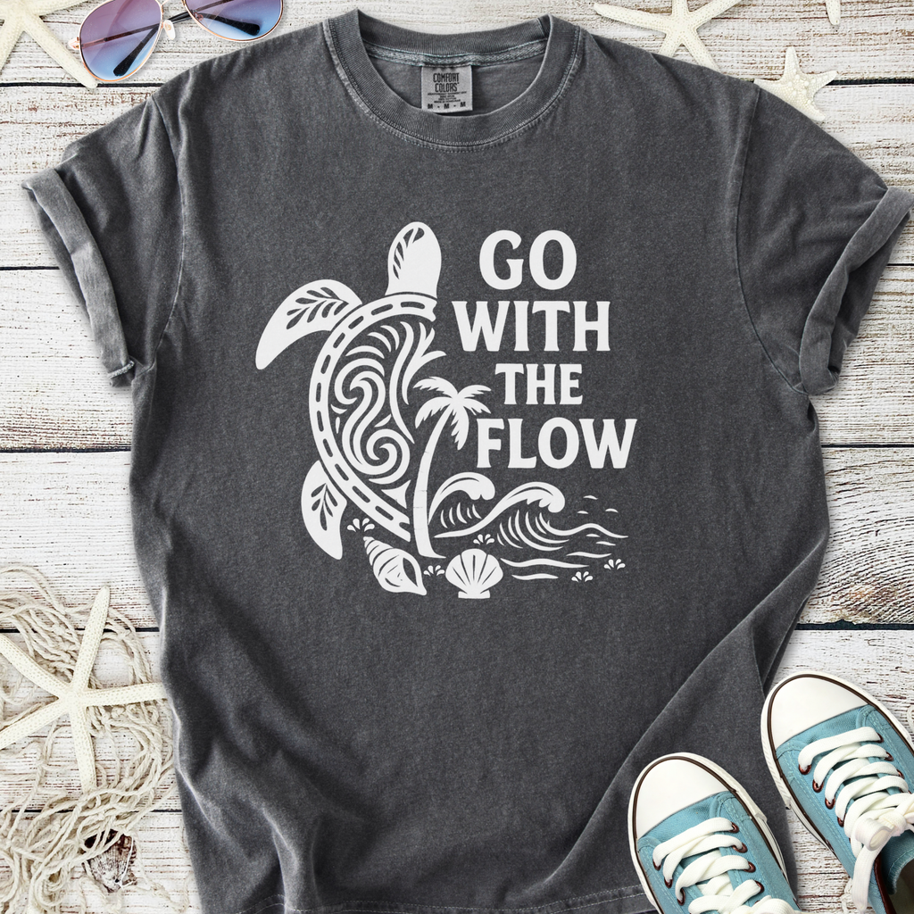 Gray cotton t-shirt with 'Go with the Flow' design featuring a turtle and ocean elements.