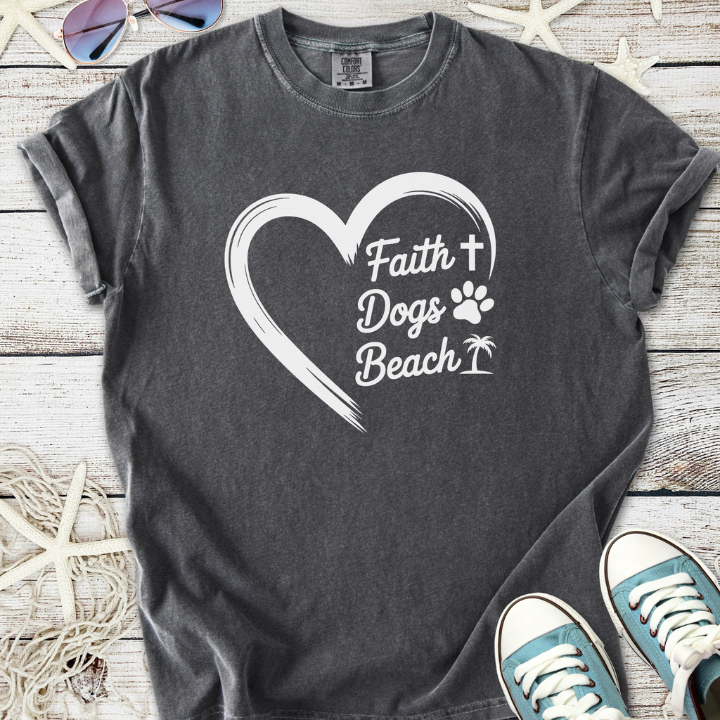 Dark gray t-shirt with 'Faith, Dogs, Beach' graphic design, perfect for casual summer wear.