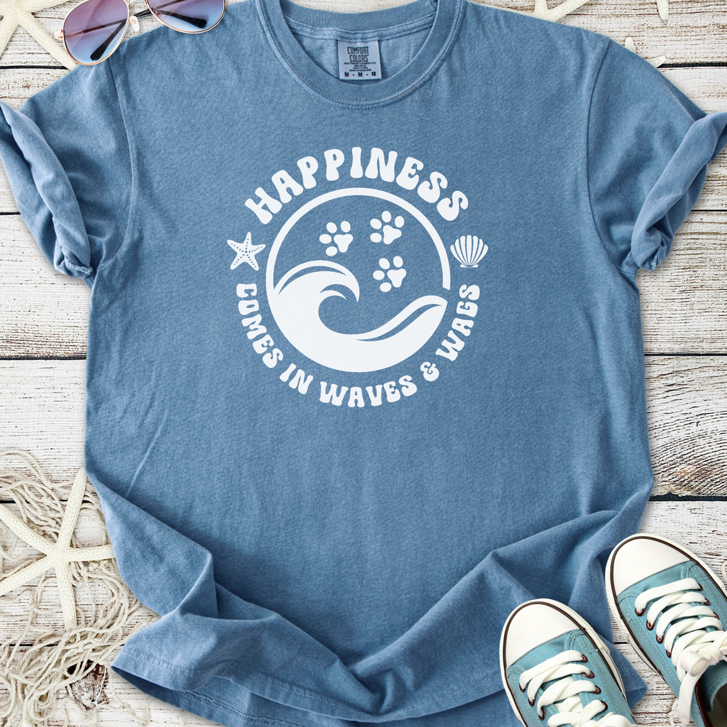 Blue cotton t-shirt featuring 'Happiness Comes in Waves & Wags' graphic design with paw prints.
