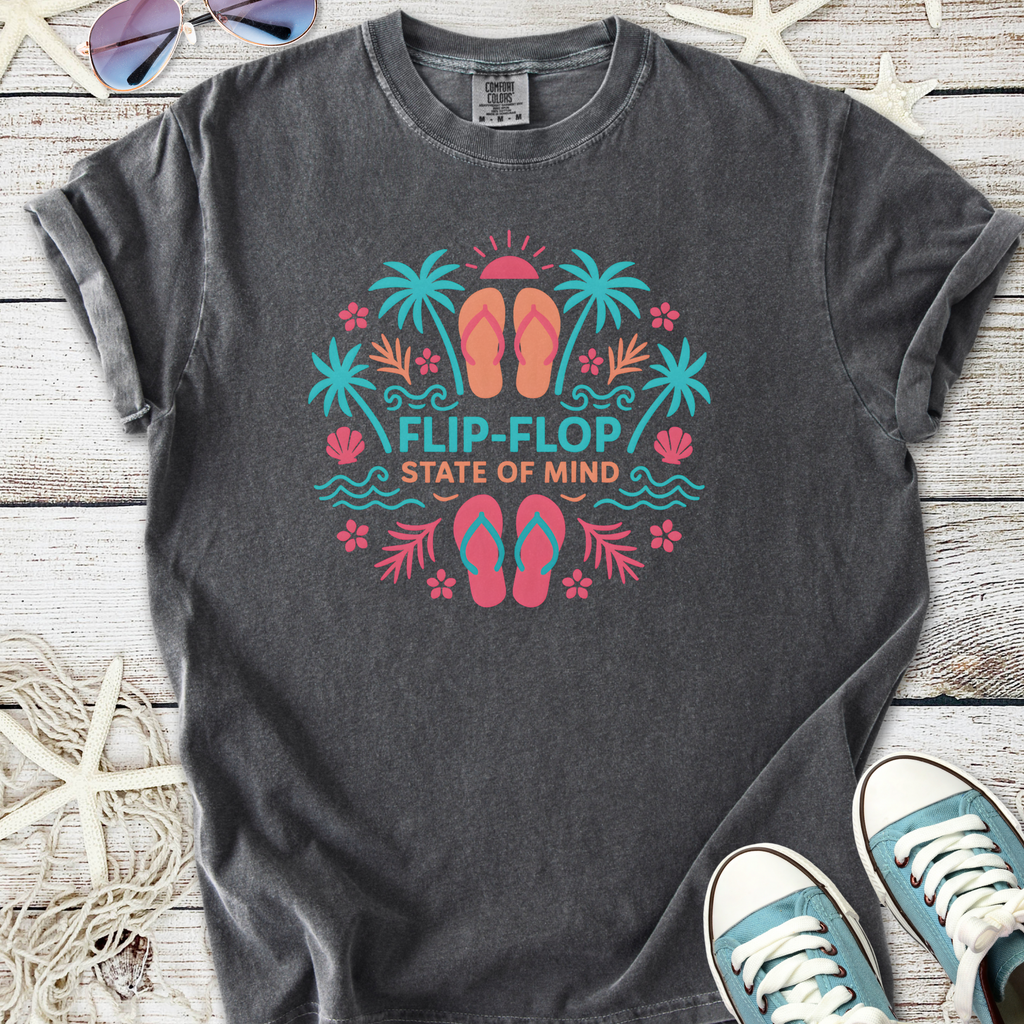 Gray t-shirt with 'Flip-Flop State of Mind' graphic, featuring colorful palm trees and flip-flops.