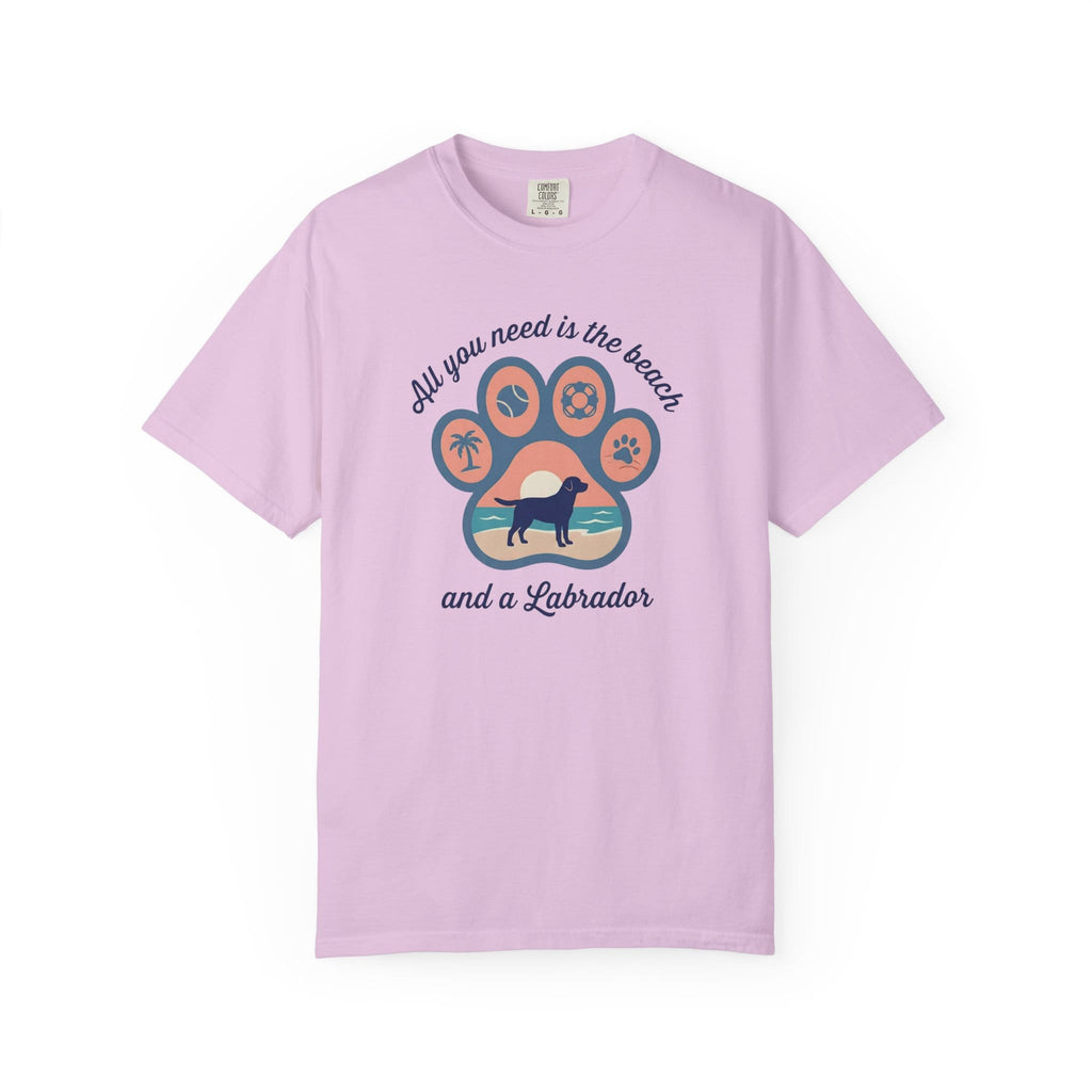 Light pink t-shirt featuring a Labrador and beach-themed graphic design.