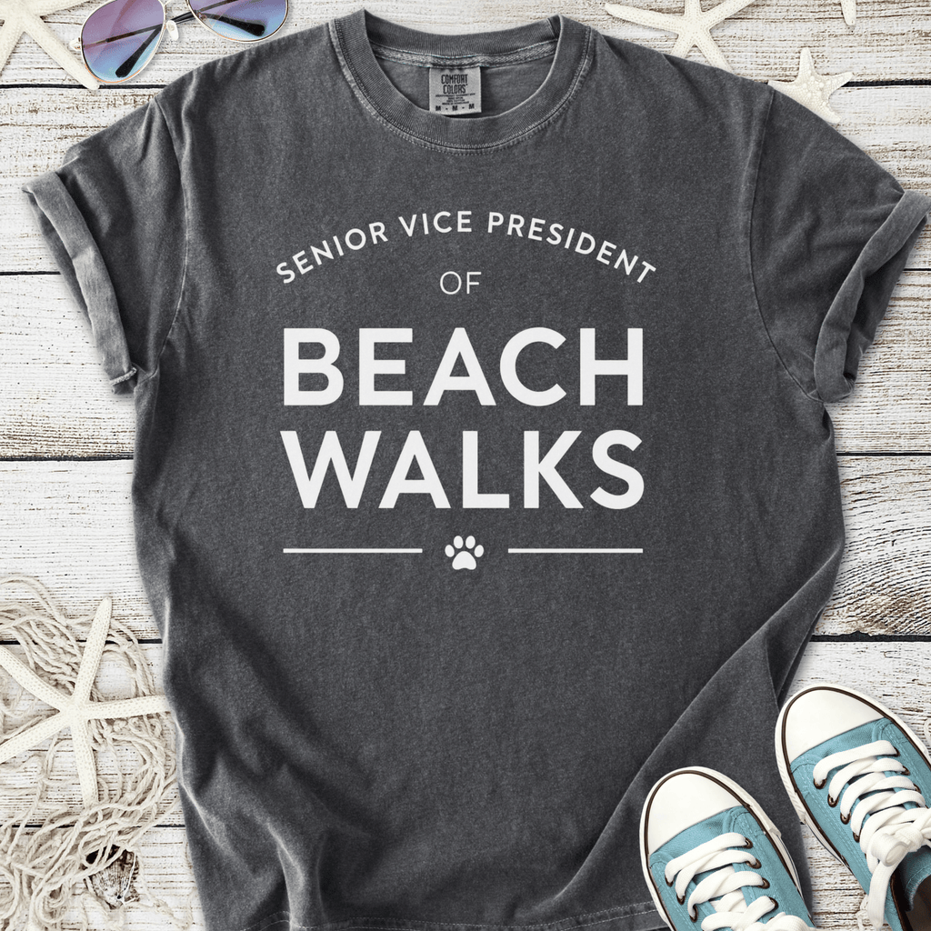Gray cotton t-shirt with 'Senior Vice President of Beach Walks' text design, perfect for casual wear.