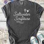 Gray cotton t-shirt featuring 'Saltwater & Scripture' design with a cross and dove.