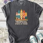 Gray short-sleeve t-shirt with 'Tropical State of Mind' and colorful surfboard graphic design.