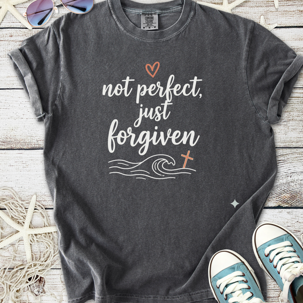 Dark gray faith based graphic t-shirt with ocean wave, cross, and ‘Not perfect, just forgiven’ text