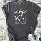 Dark gray faith based graphic t-shirt with ocean wave, cross, and ‘Not perfect, just forgiven’ text