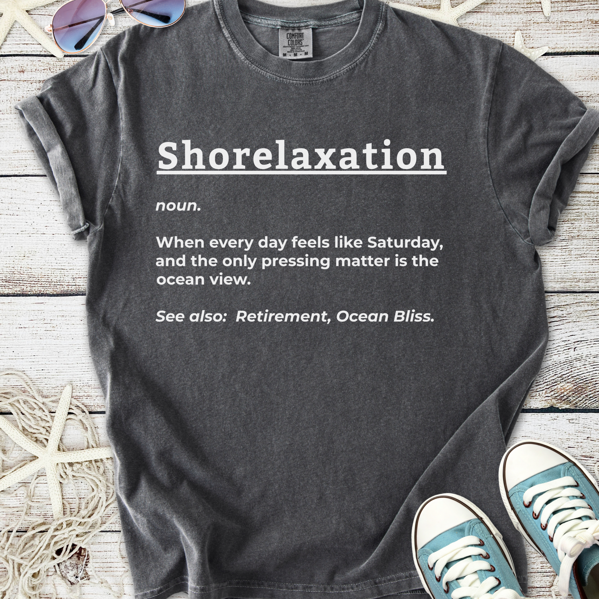 Gray cotton t-shirt with 'Shorelaxation' print, perfect for beach lovers and casual wear.