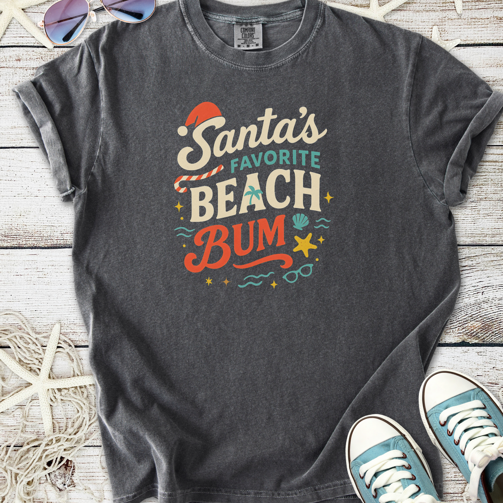 Gray t-shirt featuring 'Santa's Favorite Beach Bum' graphic in colorful print, perfect for festive beachwear.