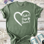 Olive green t-shirt featuring 'Faith, Dogs, Beach' graphic; comfortable, casual wear for dog lovers.