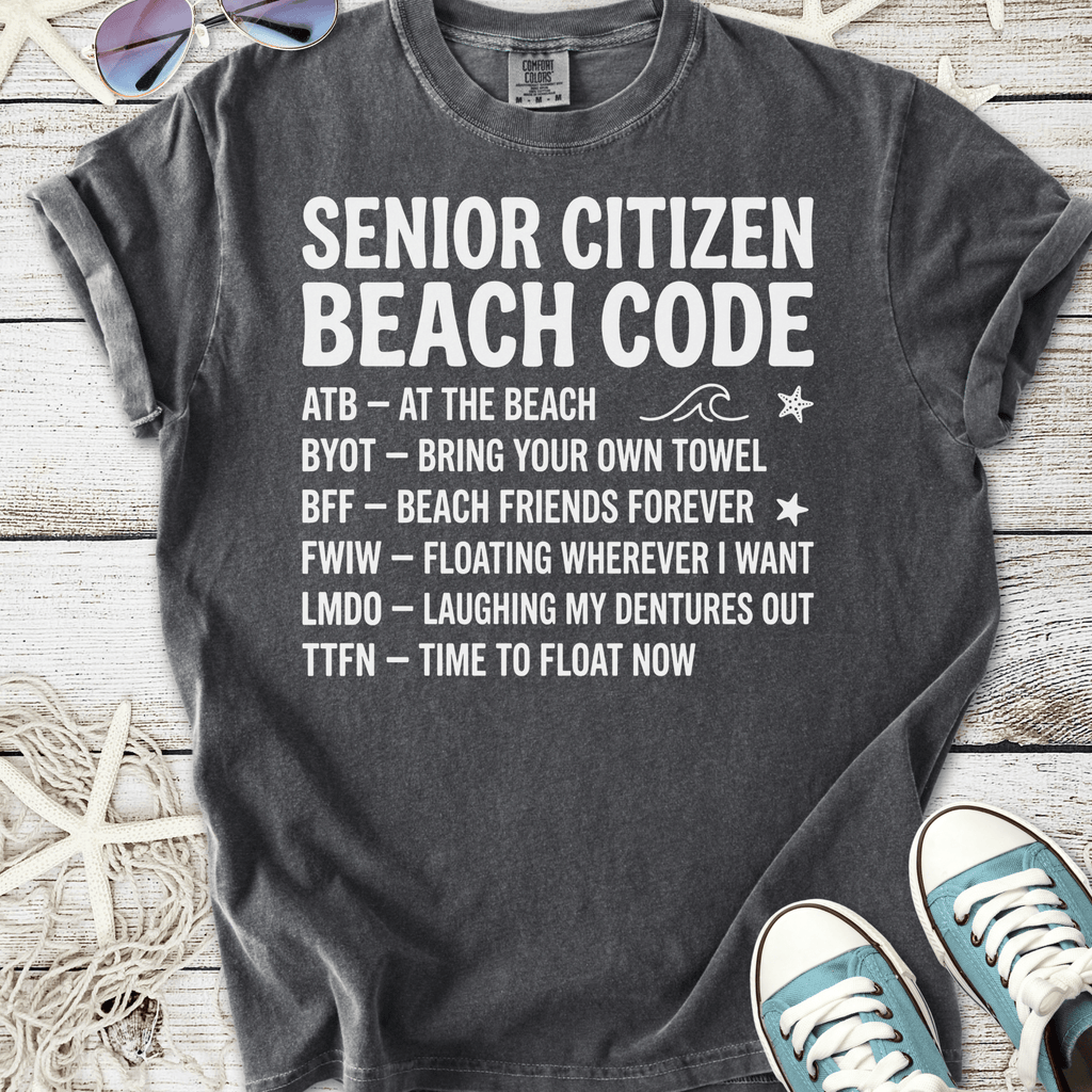 Gray senior citizen beach code t-shirt featuring fun acronyms, perfect for beach lovers.