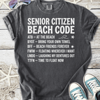 Gray senior citizen beach code t-shirt featuring fun acronyms, perfect for beach lovers.