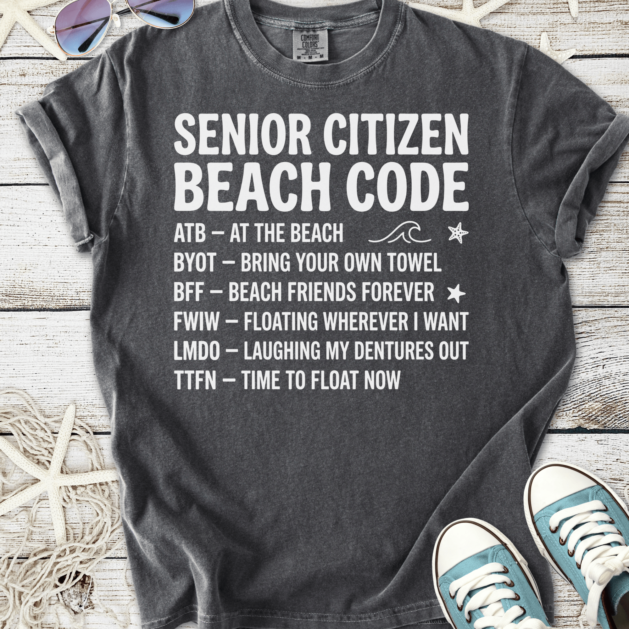 Gray senior citizen beach code t-shirt featuring fun acronyms, perfect for beach lovers.