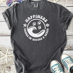 Charcoal graphic tee featuring 'Happiness Comes in Waves & Wags' with wave and paw print design.