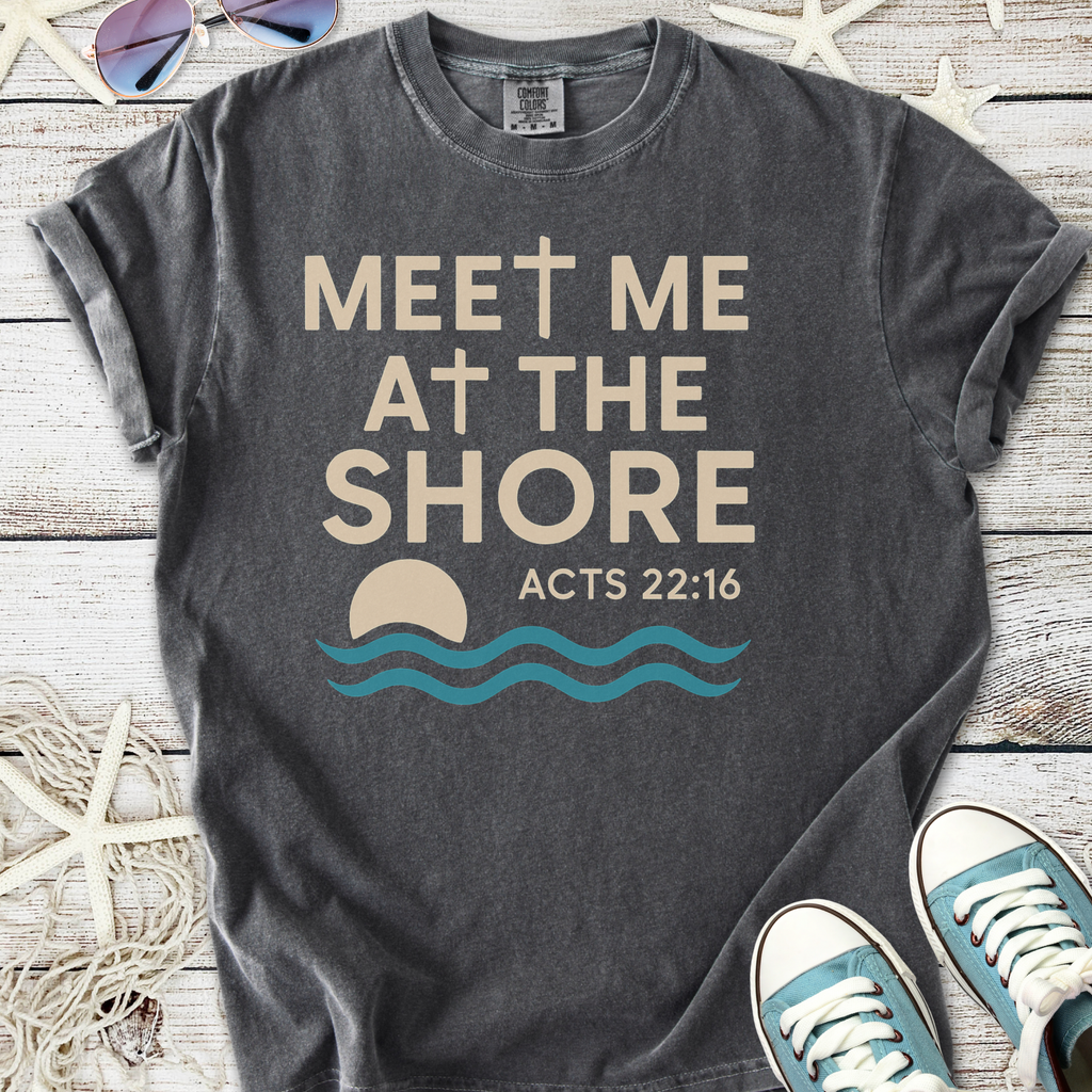 Charcoal gray t-shirt with 'Meet Me at the Shore' design featuring a cross and wave graphics.