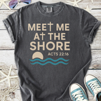 Charcoal gray t-shirt with 'Meet Me at the Shore' design featuring a cross and wave graphics.