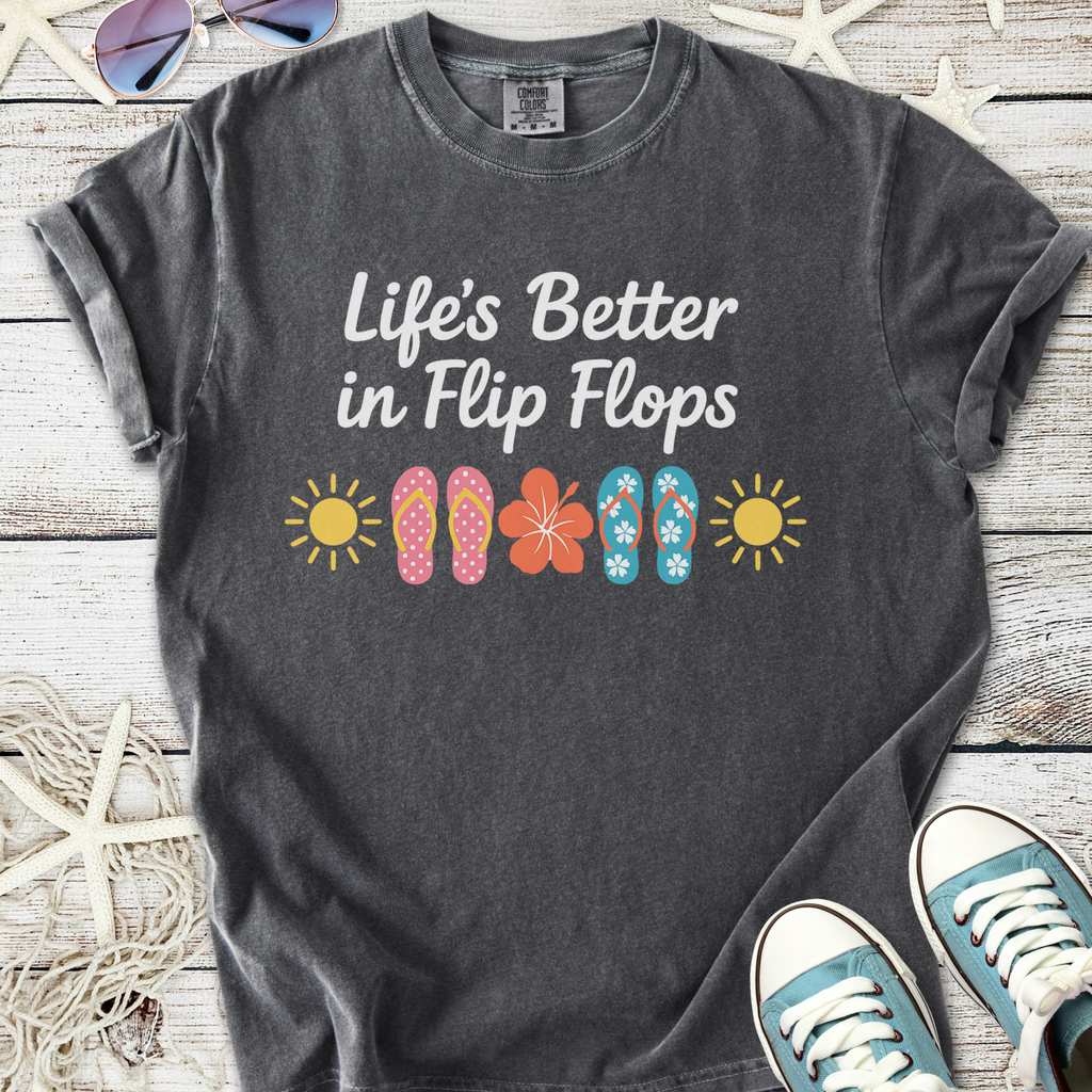 Charcoal gray t-shirt with 'Life's Better in Flip Flops' graphic and colorful flip flop illustrations.
