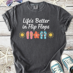 Charcoal gray t-shirt with 'Life's Better in Flip Flops' graphic and colorful flip flop illustrations.