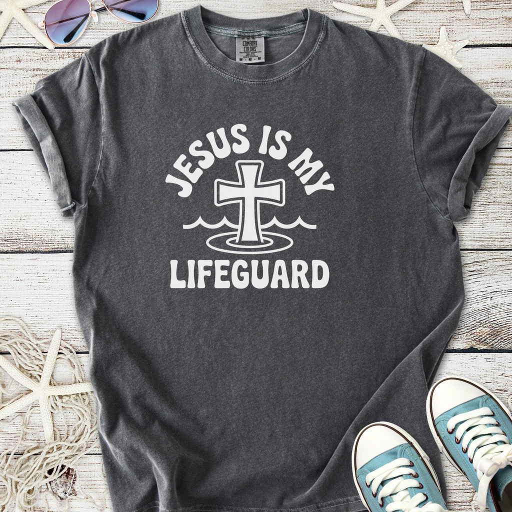 Gray cotton t-shirt with 'Jesus is My Lifeguard' graphic and cross design, perfect for casual wear.