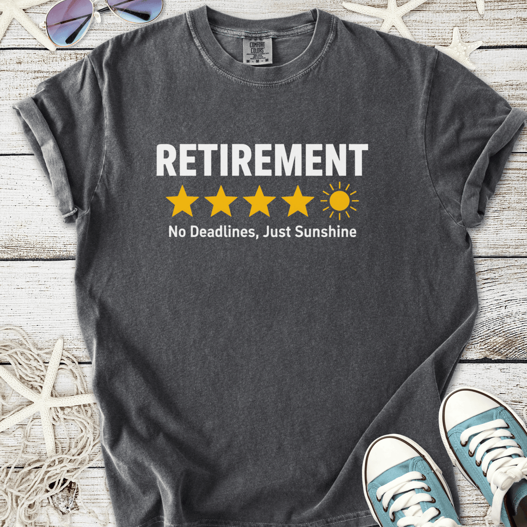 Gray retirement t-shirt with yellow stars and sun graphic, featuring 'No Deadlines, Just Sunshine' slogan.