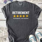Gray retirement t-shirt with yellow stars and sun graphic, featuring 'No Deadlines, Just Sunshine' slogan.