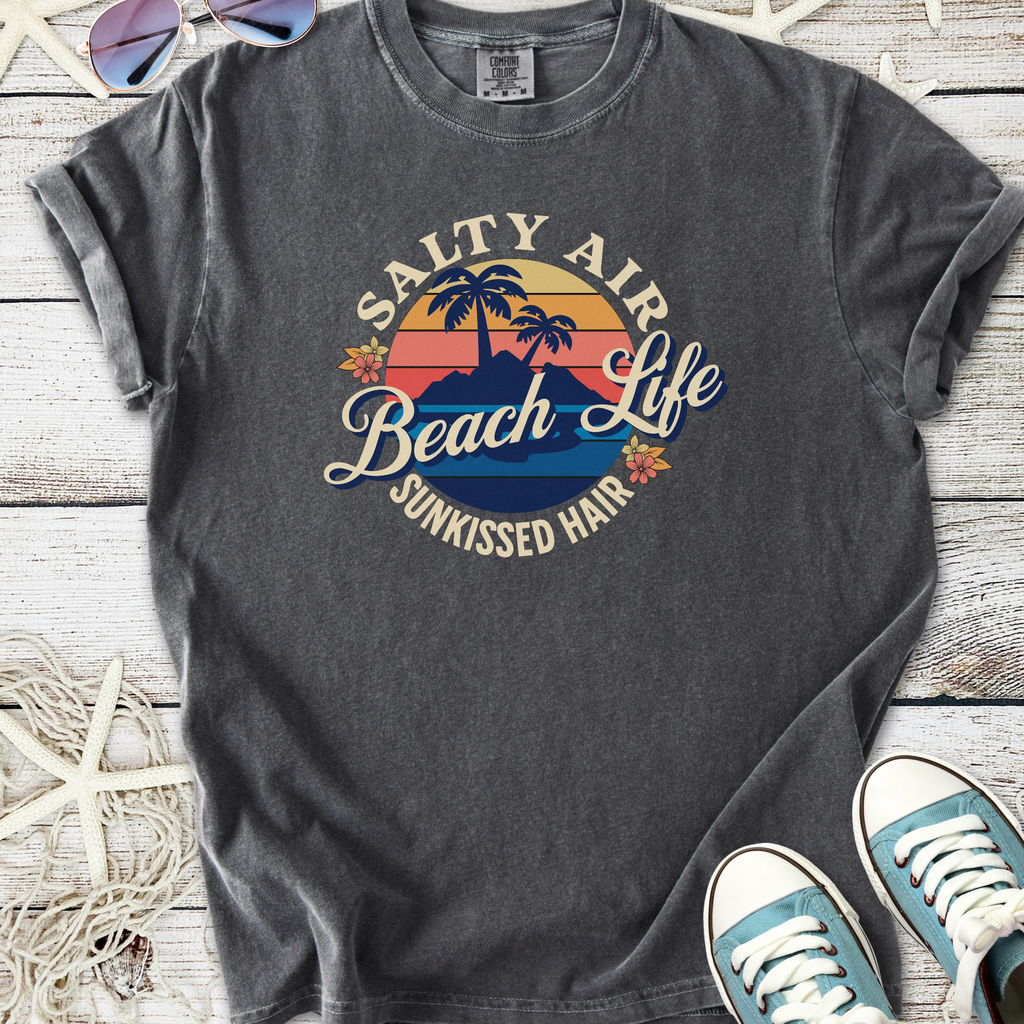 Charcoal gray t-shirt with 'Salty Air Beach Life' graphic, perfect for beach lovers.