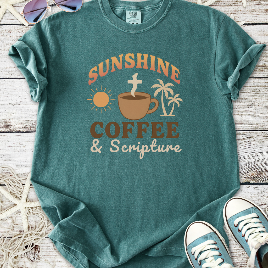 Teal cotton t-shirt with 'Sunshine Coffee & Scripture' graphic design, perfect for casual wear.