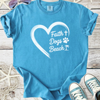 Blue cotton t-shirt with 'Faith Dogs Beach' graphic, perfect for dog lovers and beach enthusiasts.