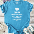 Light blue t-shirt for dog lovers with 'Chief Stick Retrieval Officer' print, perfect for casual wear.