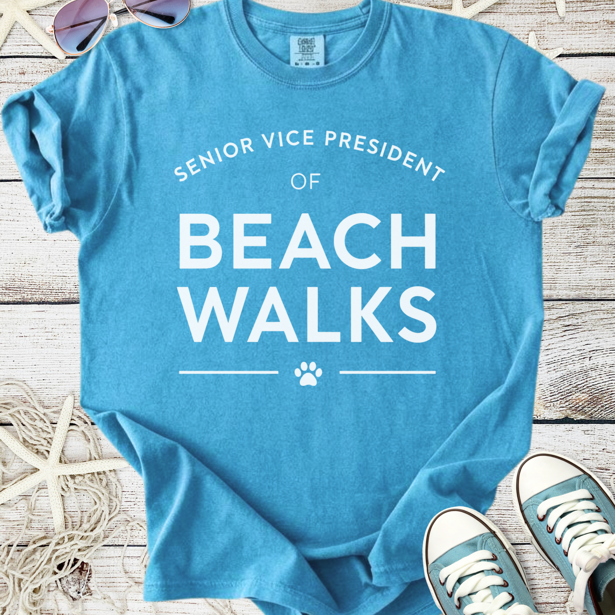 Light blue t-shirt with 'Senior Vice President of Beach Walks' graphic, ideal for beach lovers.