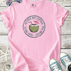 Pink t-shirt with 'Retired Not Expired' coconut graphic, perfect for casual summer wear.