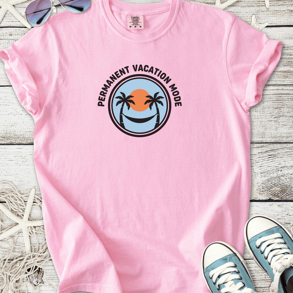 Pink cotton t-shirt with 'Permanent Vacation Mode' graphic featuring palm trees and sunset.