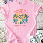 Pink t-shirt with 'I'd rather be at the beach with my dog' graphic, featuring a Labrador in sunglasses.