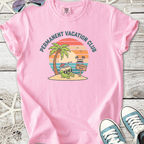 Pink t-shirt featuring 'Permanent Vacation Club' graphic with palm trees and beach theme.