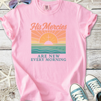 Pink t-shirt with 'His Mercies Are New Every Morning' graphic, featuring a sunrise and ocean waves.
