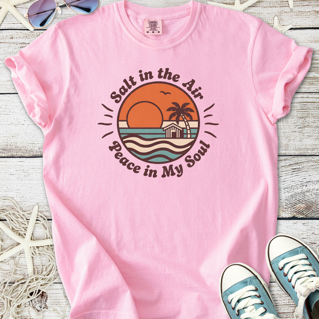 Light pink t-shirt with 'Salt in the Air, Peace in My Soul' graphic, perfect for beach lovers.