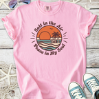 Light pink t-shirt with 'Salt in the Air, Peace in My Soul' graphic, perfect for beach lovers.