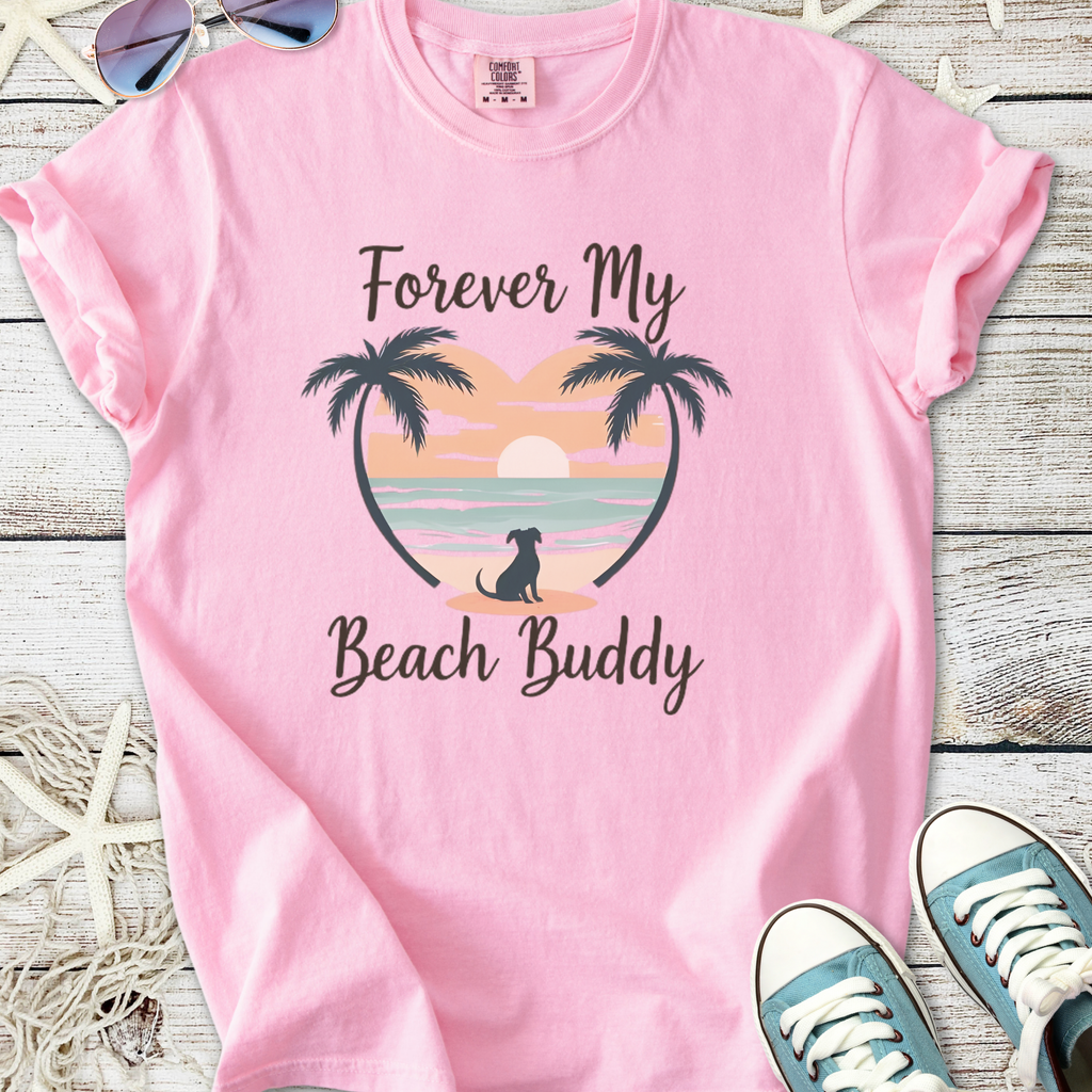Pink graphic tee with 'Forever My Beach Buddy' print, featuring palm trees and sunset design.