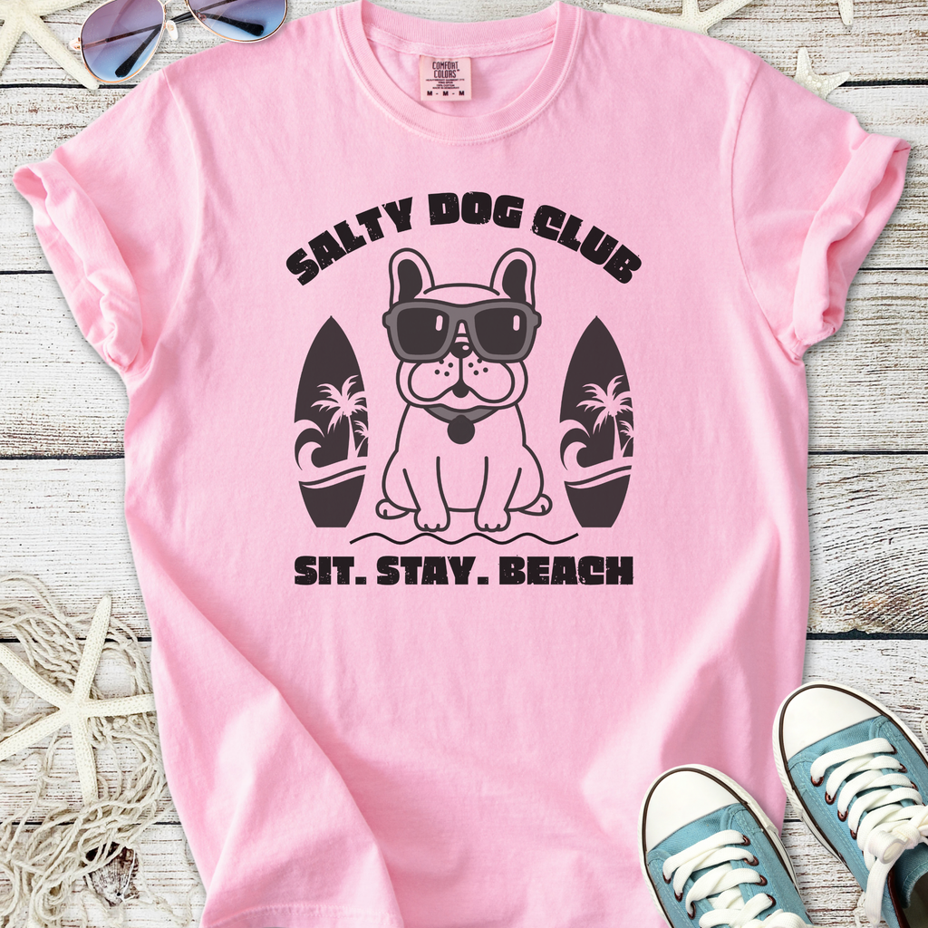 Pink 'Salty Dog Club' graphic t-shirt featuring a dog in sunglasses, perfect for beach lovers.
