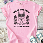 Pink 'Salty Dog Club' graphic t-shirt featuring a dog in sunglasses, perfect for beach lovers.