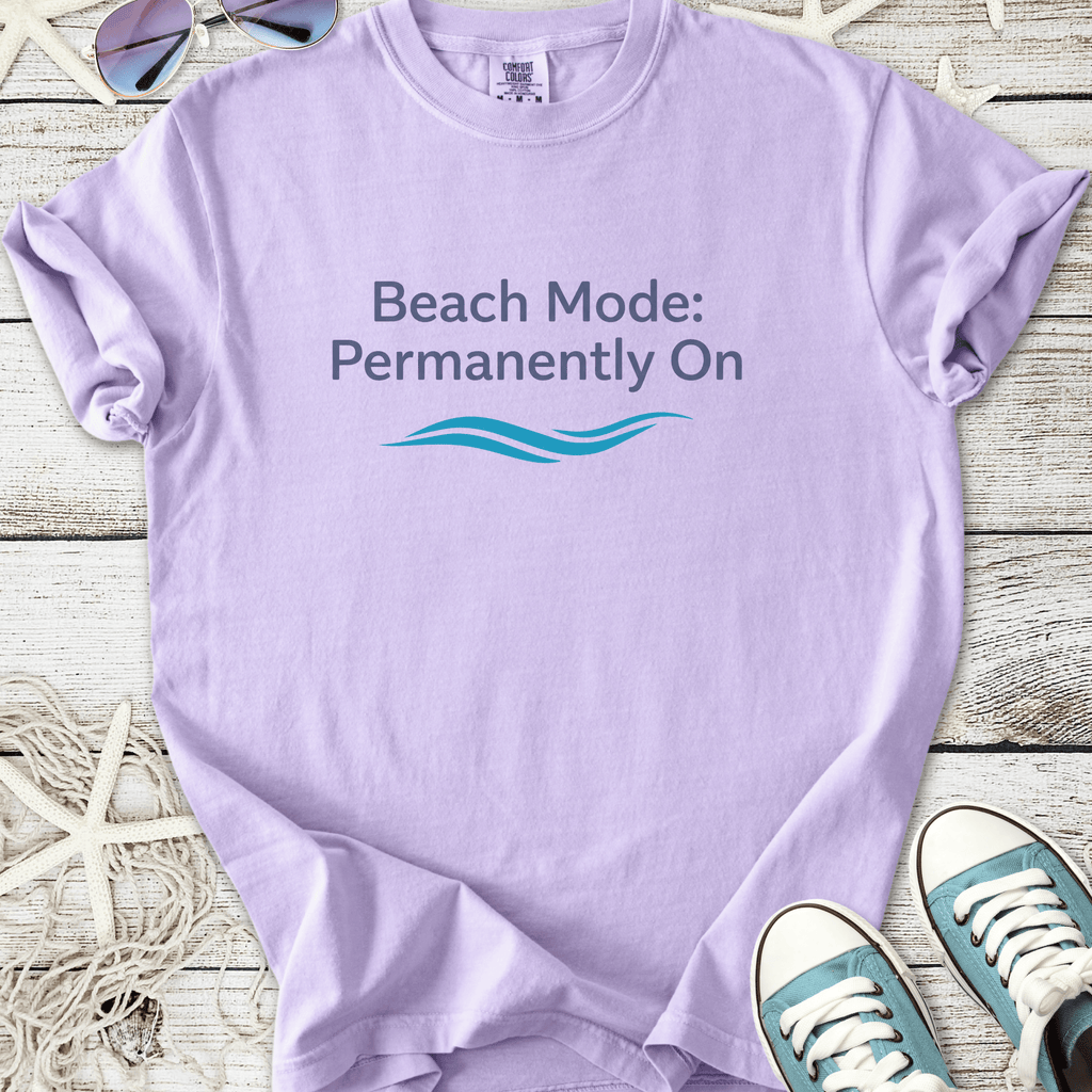 Light purple t-shirt with 'Beach Mode: Permanently On' design, cotton material, perfect for summer outings.