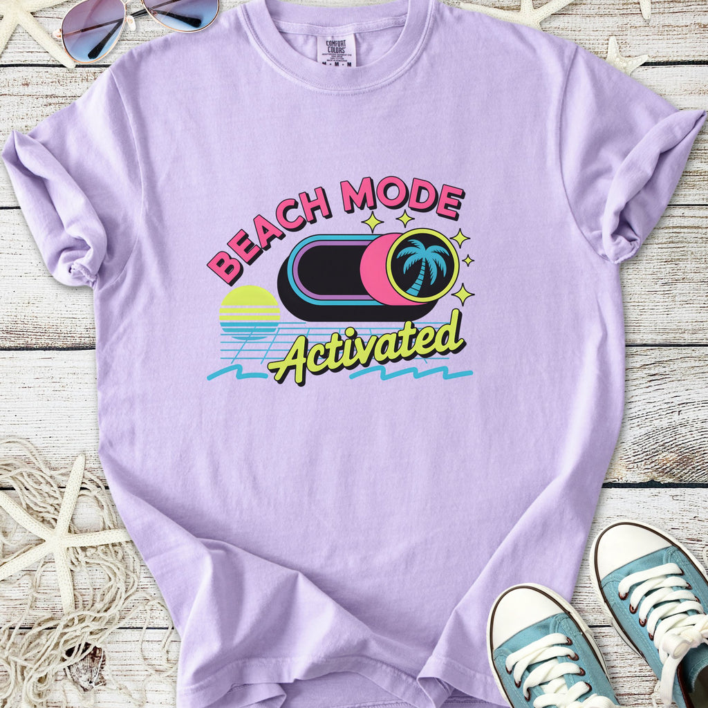 Lilac graphic t-shirt with 'Beach Mode Activated' print and palm tree design, perfect for summer outings.