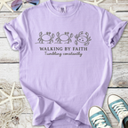 Light purple t-shirt with crab design and 'Walking By Faith' text, made from soft cotton.