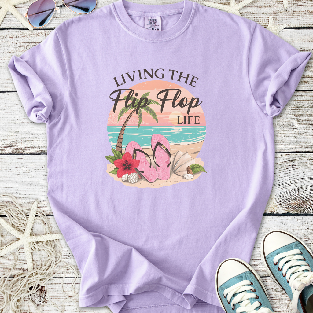 Lavender t-shirt with 'Living the Flip Flop Life' graphic and beach theme, featuring flip flops and palm trees.