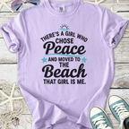 Lavender graphic tee with peace and beach design, perfect for relaxed summer style.