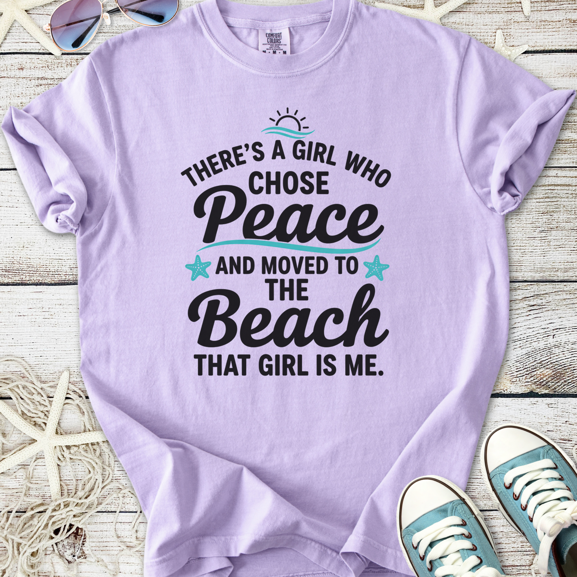 Lavender graphic tee with peace and beach design, perfect for relaxed summer style.