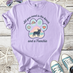Lavender graphic tee featuring a French Bulldog, beach theme, and playful design elements.