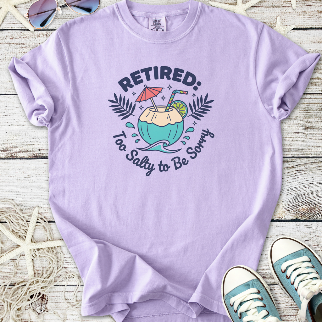 Lilac retired graphic tee with tropical drink design, perfect for casual summer wear.