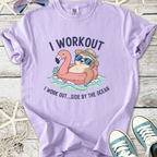 Light purple summer t-shirt featuring a sloth on a flamingo float with sunglasses and beach vibes.